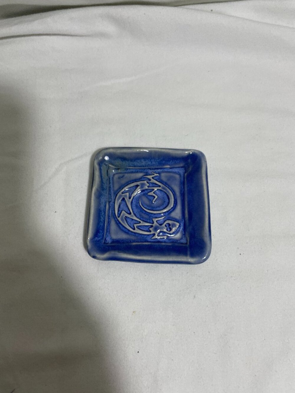 Blue Ceramic Gecko Lizard Trinket Dish Square Southwestern Boho 3.25”